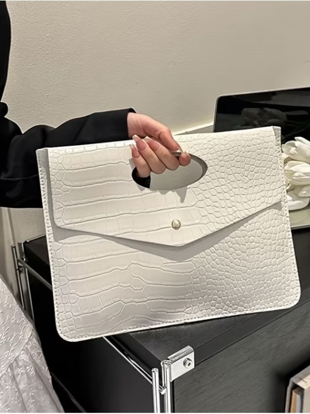 White Croc-Embossed Envelope Clutch